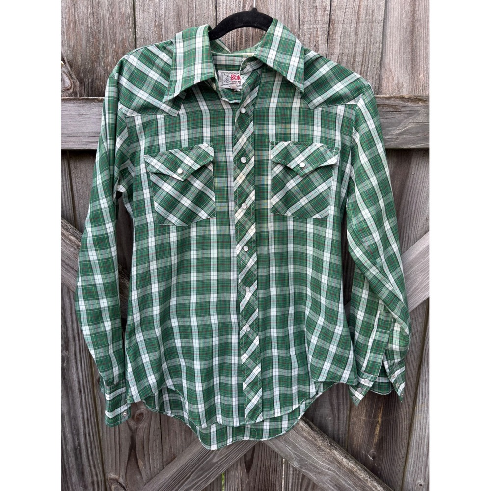 Vintage Bronco Mens Green Plaid Western Pearl Snap Shirt Long Sleeve‎ Size 15.5